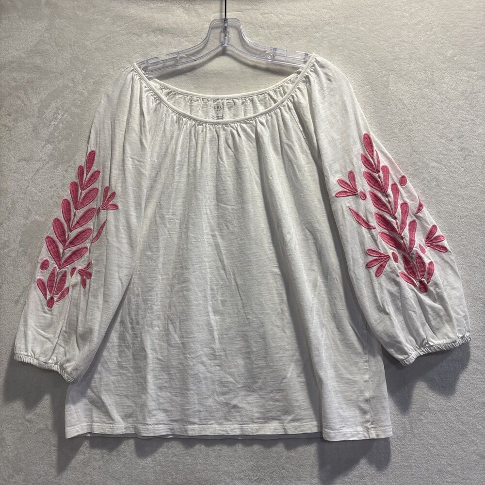 Talbot Blouson 3/4 Sleeve Top Boho Peasant Embroidered Feminine White Pink XL